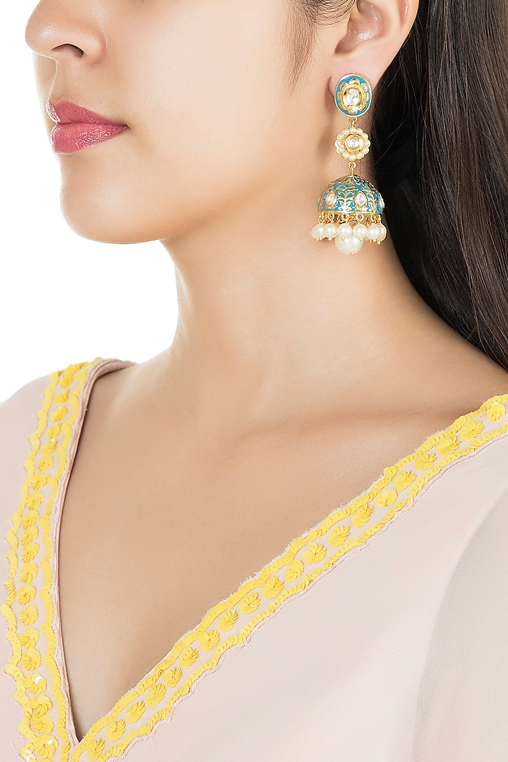 Gold Finish Enamled Faux Pearl & Kundan Jhumka Earrings by Aster