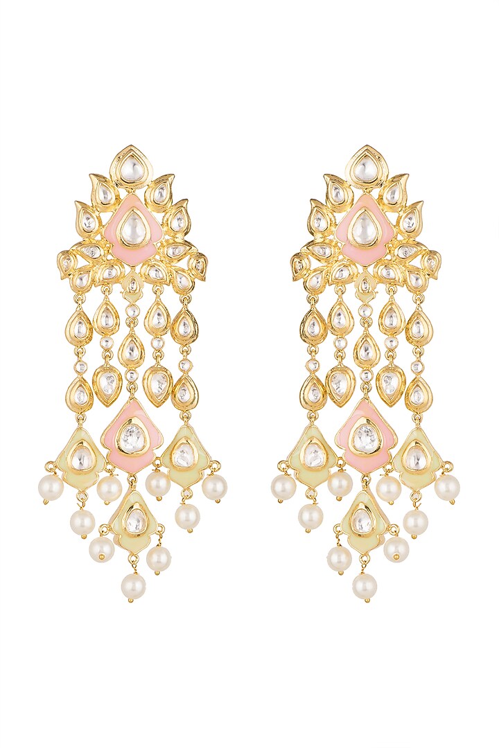 Gold Finish Enamled Faux Pearl & Kundan Earrings by Aster at Pernia's Pop Up Shop