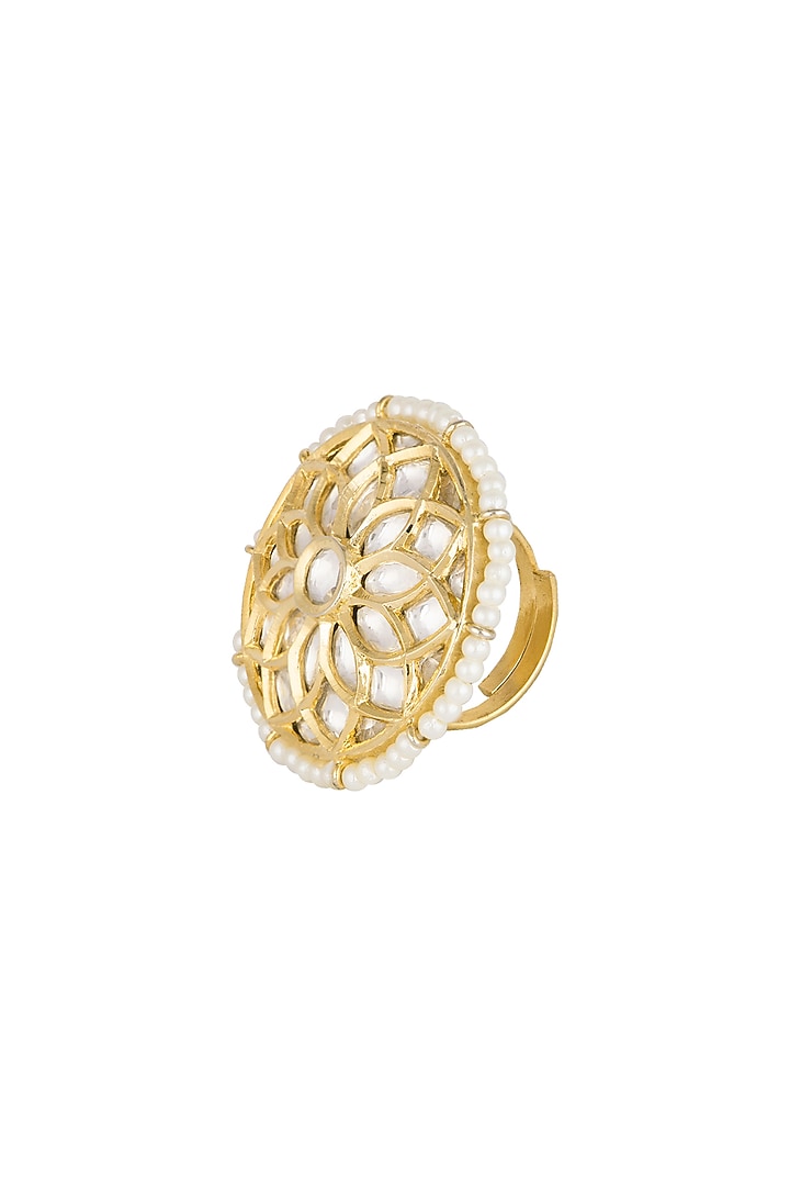 Gold Finish Faux Pearl & Kundan Ring by Aster at Pernia's Pop Up Shop