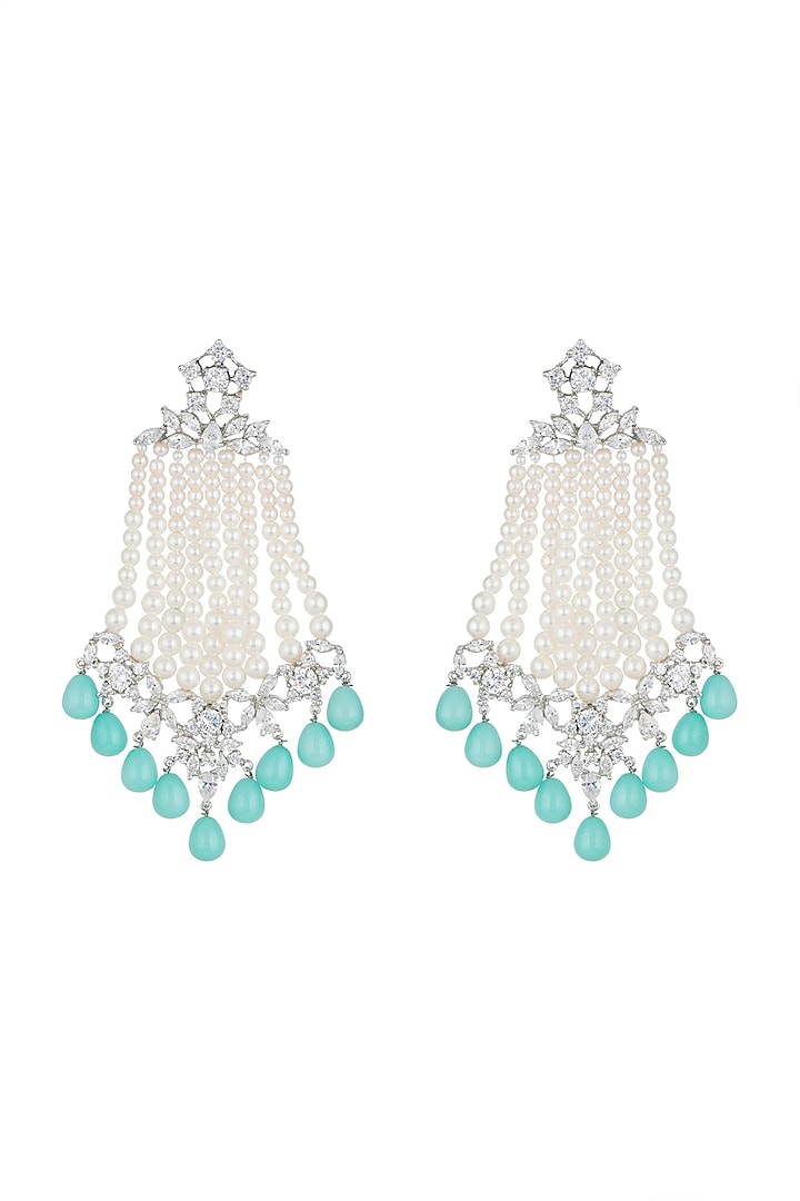 White Finish Faux Pearl Strands, Turquoise Drops & Kundan Long Dangler Earrings by Aster at Pernia's Pop Up Shop