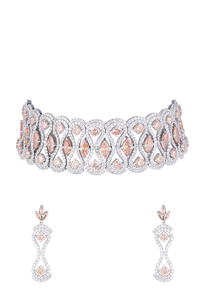 White Finish Faux Diamonds & Champagne Stones Choker Set by Aster at Pernia's Pop Up Shop