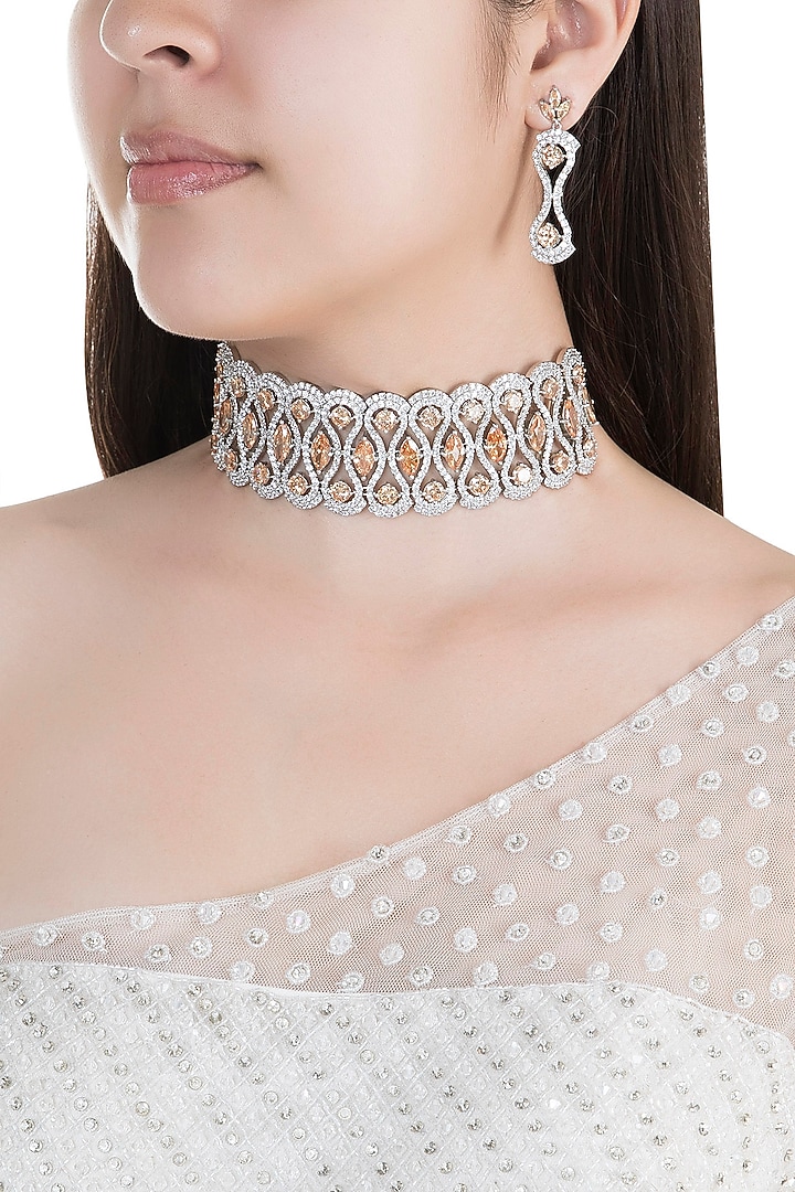 White Finish Faux Diamonds & Champagne Stones Choker Set by Aster at Pernia's Pop Up Shop