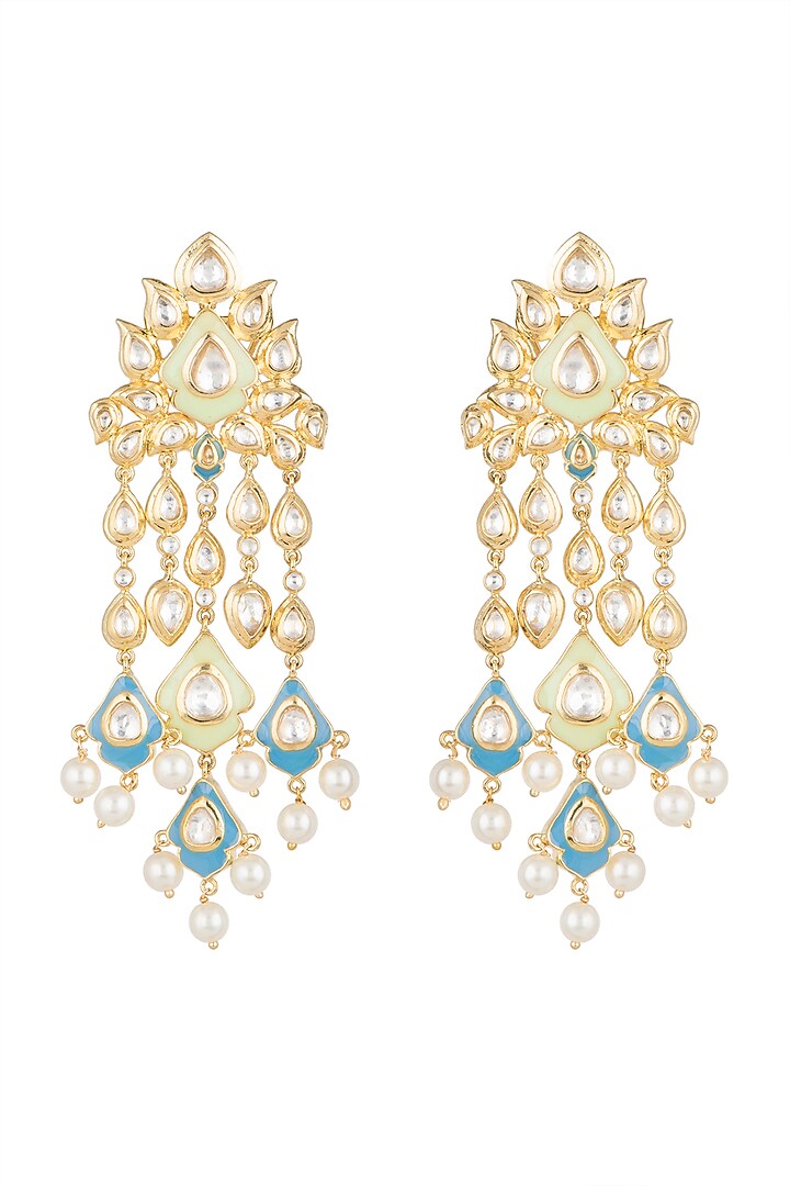 Gold Finish Faux Kundan & Pearls Enameled Earrings by Aster at Pernia's Pop Up Shop