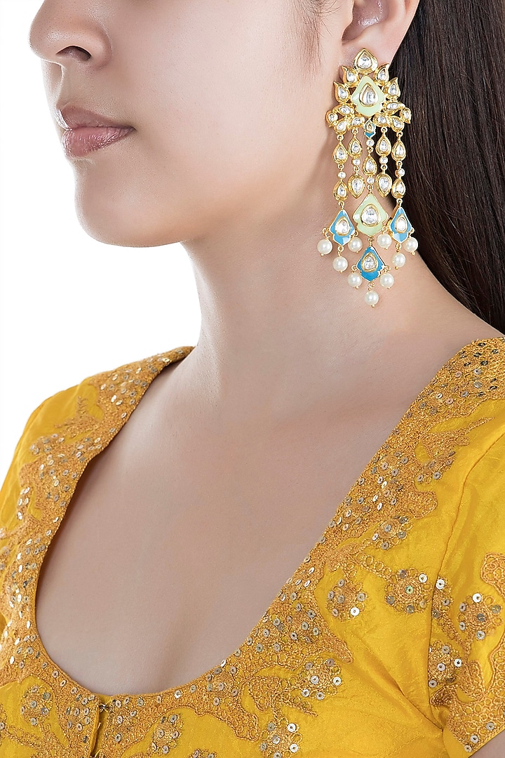 Gold Finish Faux Kundan & Pearls Enameled Earrings by Aster