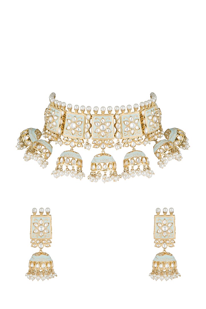 Gold Finish Faux Pearls & Kundan Blue Enamelled Choker Set by Aster at Pernia's Pop Up Shop