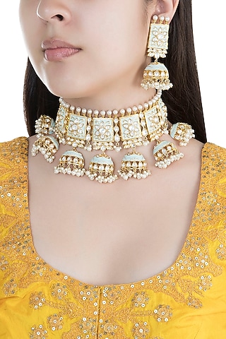 Gold Finish Faux Pearls & Kundan Blue Enamelled Choker Set by Aster