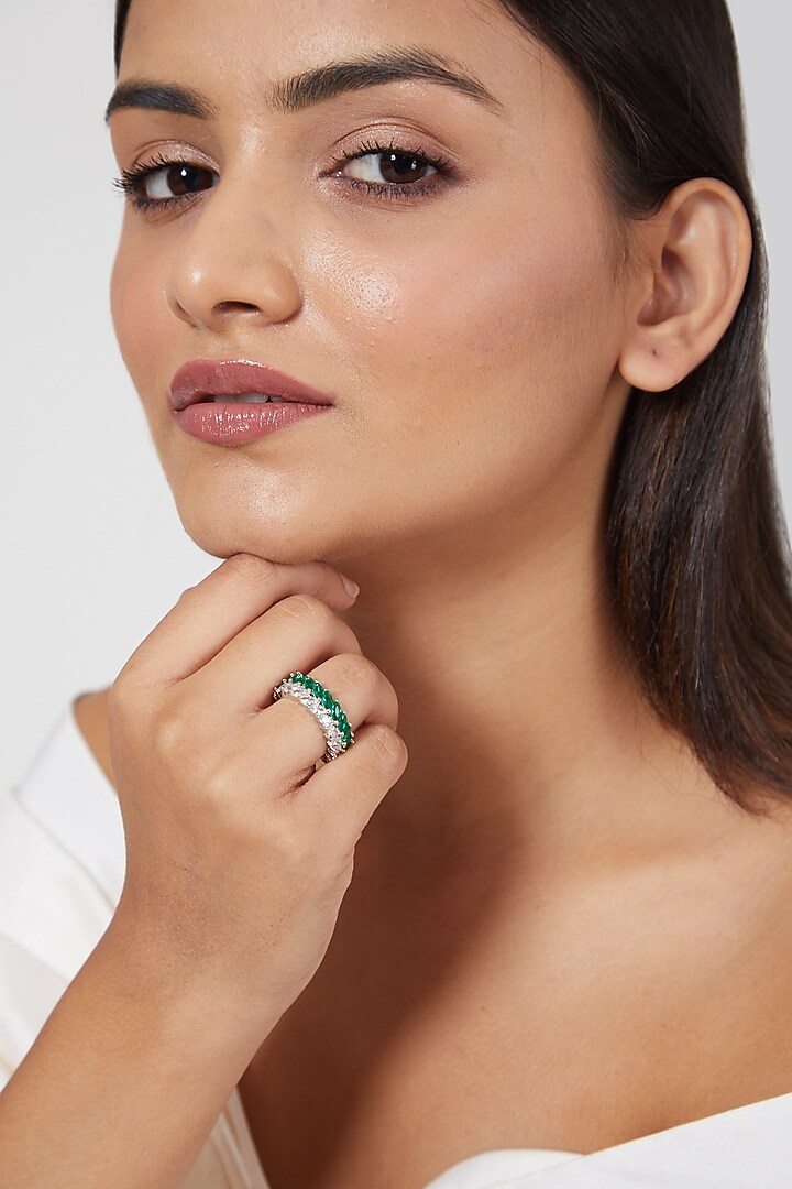 White Finish Green And White Faux Diamond Ring by Aster at Pernia's Pop Up Shop
