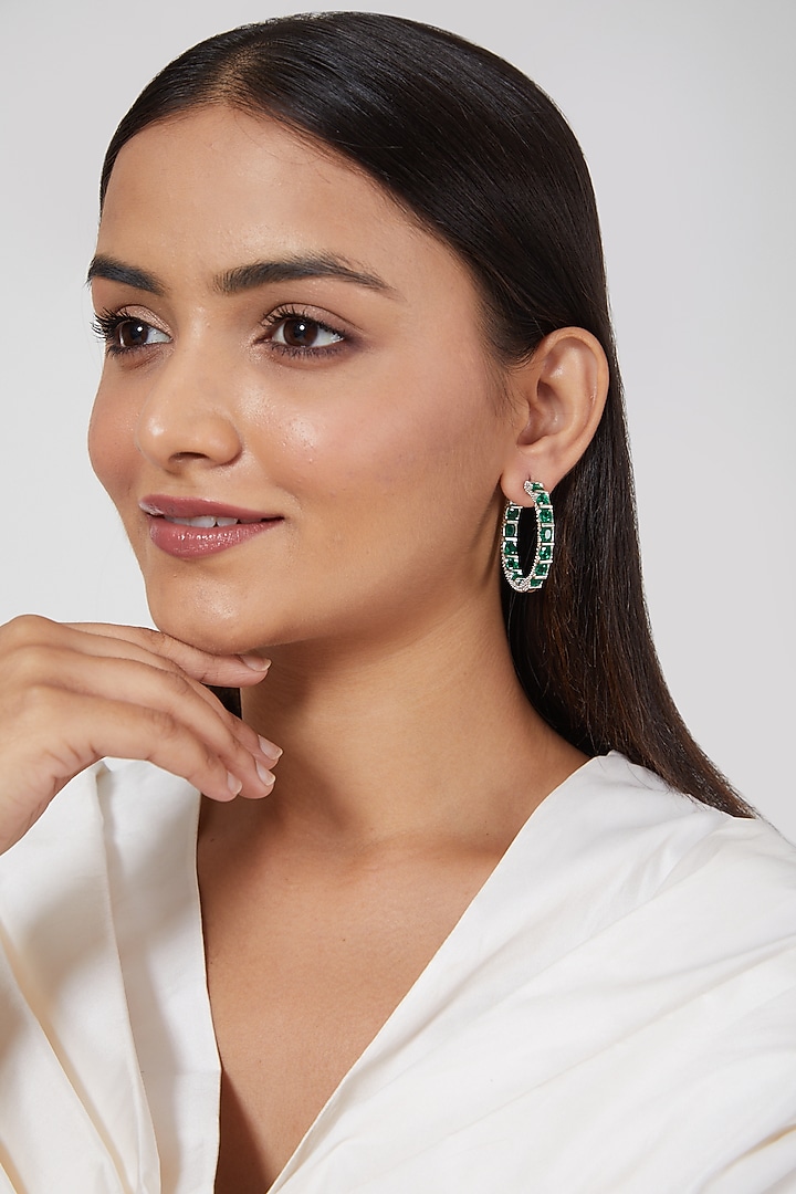 White Finish Green & White Zircon Hoop Earrings by Aster at Pernia's Pop Up Shop