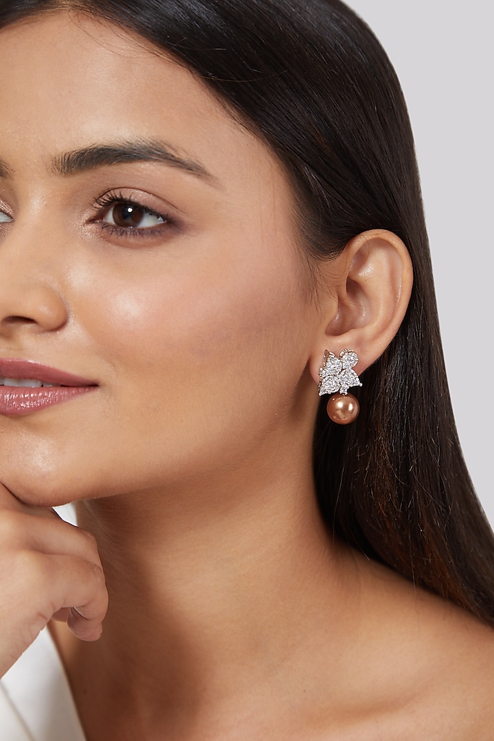 White Finish Diamond & Pearl Earrings by Aster