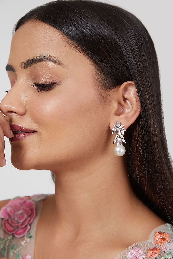 Black Rhodium Finish Zircon & Pearl Earrings by Aster at Pernia's Pop Up Shop
