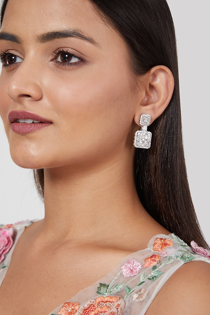 White Finish Zircon Square Dangler Earrings by Aster at Pernia's Pop Up Shop
