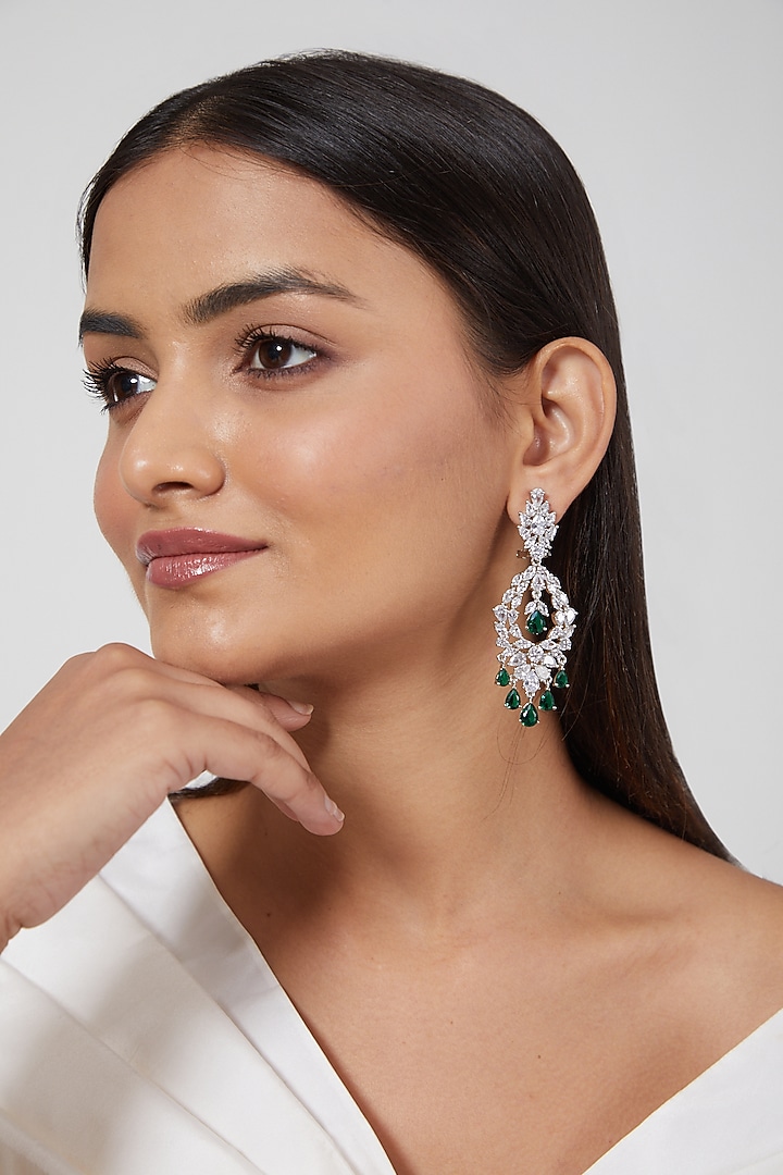 White Finish Green Stone & Diamond Earrings by Aster at Pernia's Pop Up Shop