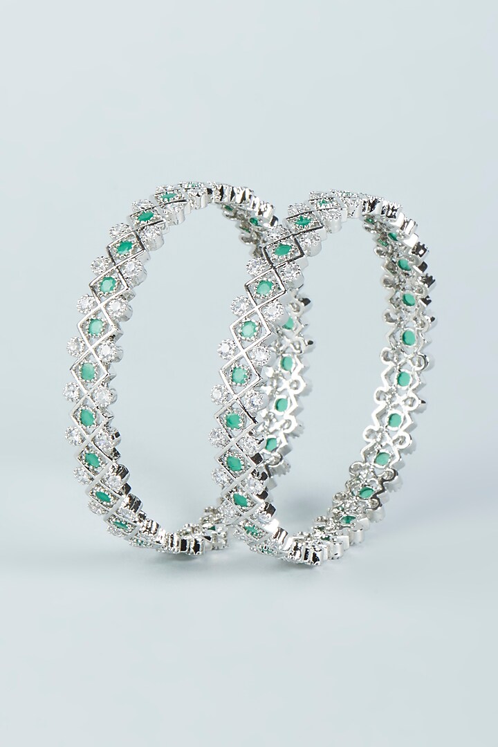 White Finish Turquoise Synthetic Stone & Zircon Bangles (Set of 2) by Aster at Pernia's Pop Up Shop