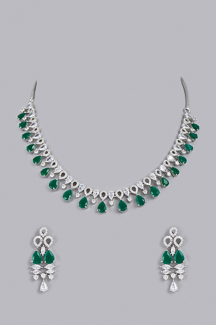 White Finish Zircon & Green Stone Necklace Set by Aster at Pernia's Pop Up Shop