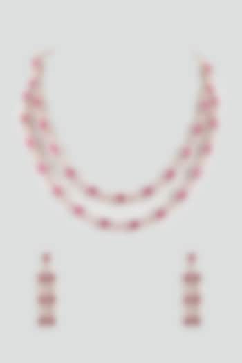 Rose Gold Finish Faux Diamond & Ruby Synthetic Stone Necklace Set by Aster