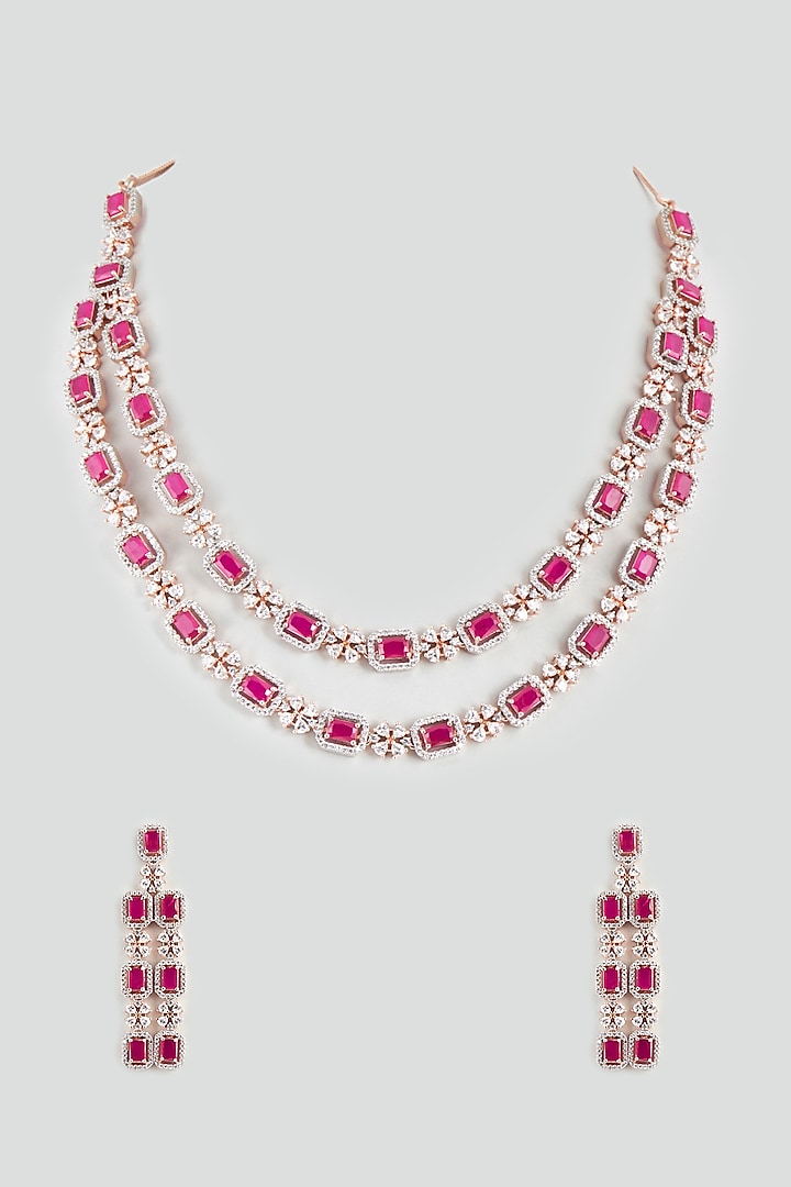 Rose Gold Finish Faux Diamond & Ruby Synthetic Stone Necklace Set by Aster