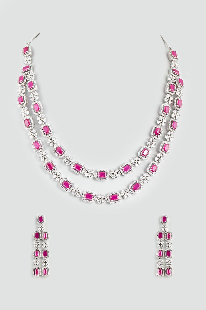 White Finish Faux Diamond & Ruby Synthetic Stone Necklace Set by Aster at Pernia's Pop Up Shop