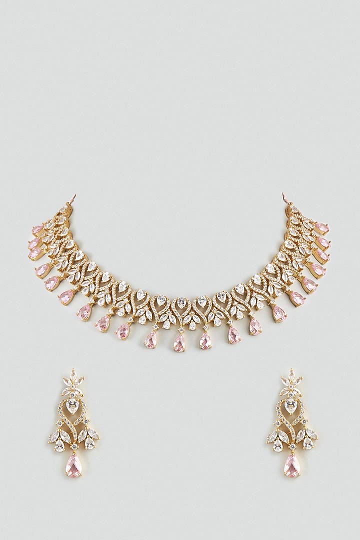 Gold Finish Faux Diamond Necklace Set Design by Aster at Pernia's Pop