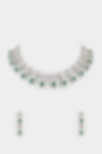 White Finish Faux Diamond & Emerald Synthetic Stone Necklace Set by Aster