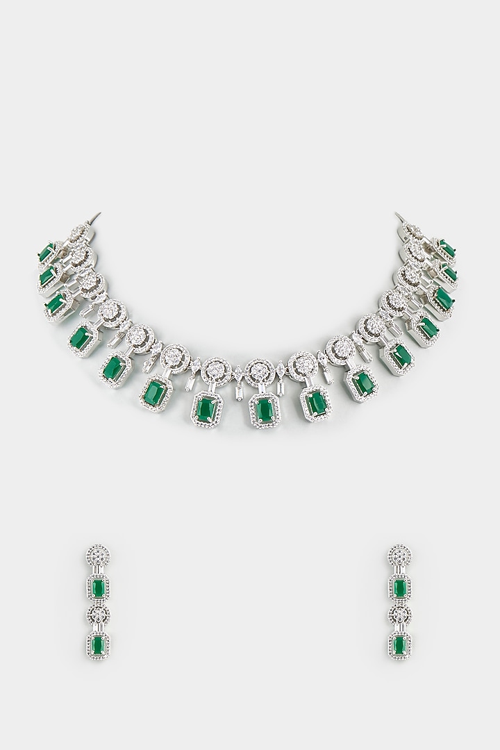 White Finish Faux Diamond & Emerald Synthetic Stone Necklace Set by Aster