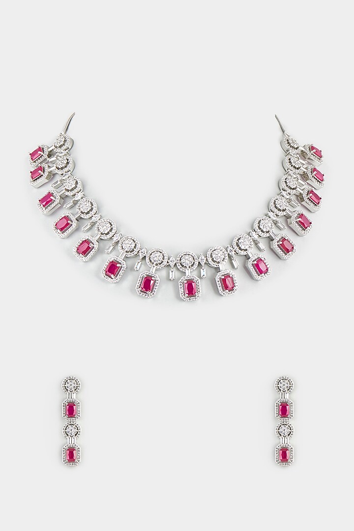 White Finish Faux Diamond & Ruby Synthetic Stones Necklace Set by Aster at Pernia's Pop Up Shop