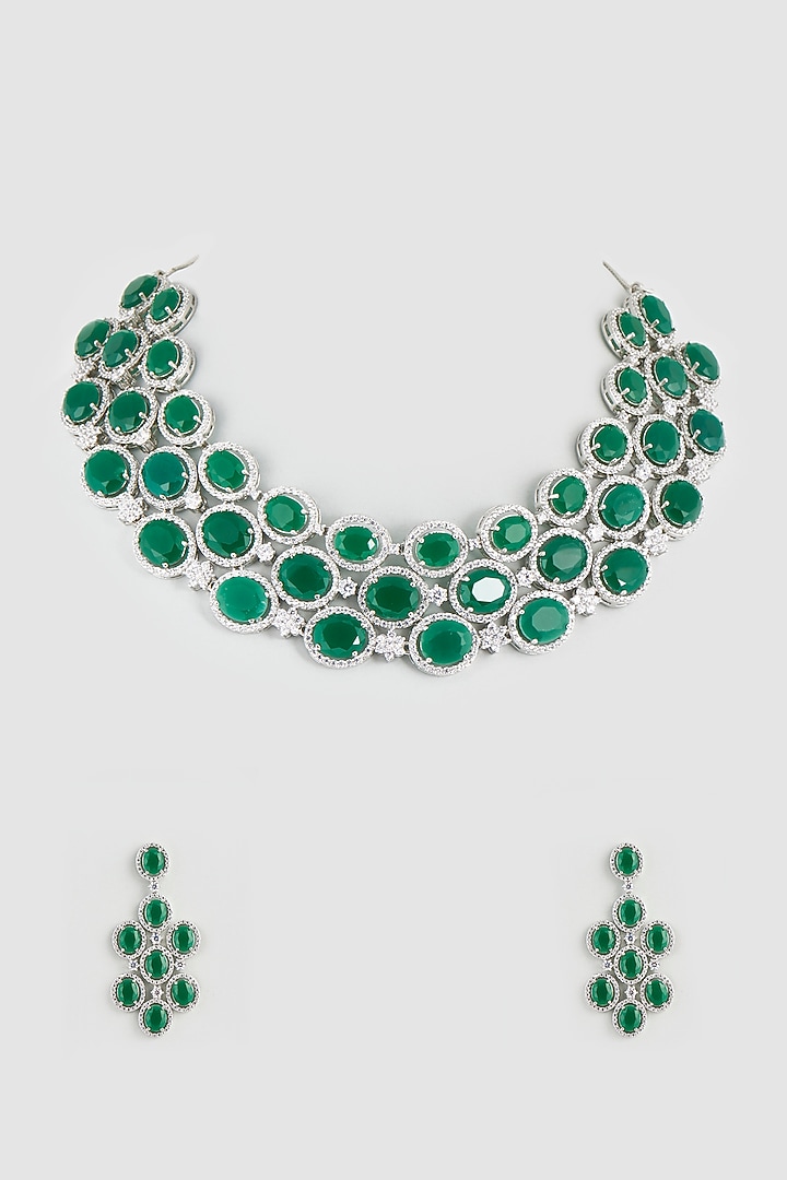 White Finish Faux Diamond & Emerald Synthetic Stones Necklace Set by Aster at Pernia's Pop Up Shop