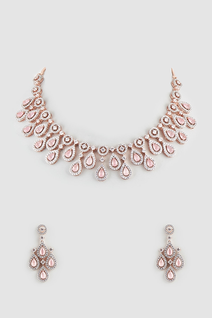 Rose Gold Finish Faux Diamond & Pink Synthetic Stone Necklace Set by Aster at Pernia's Pop Up Shop