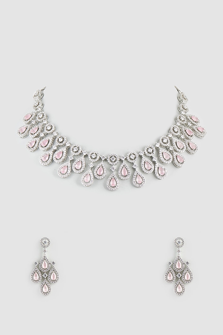 White Finish Faux Diamond & Pink Synthetic Stone Necklace Set by Aster at Pernia's Pop Up Shop