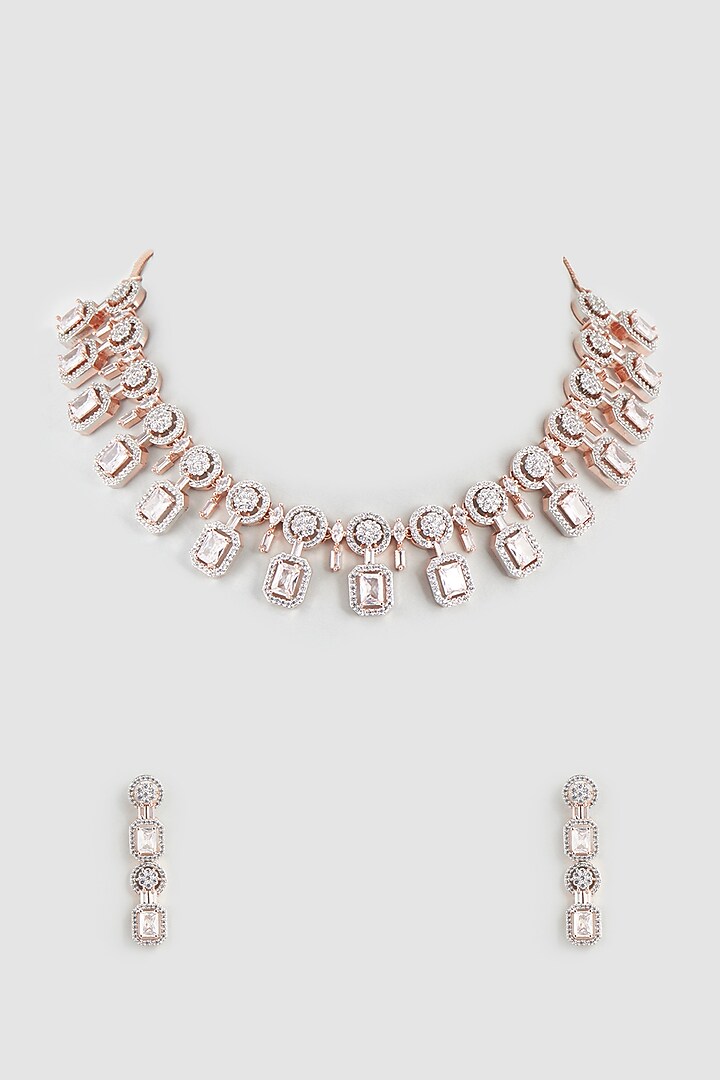 Rose Gold Finish Faux Diamond & Zircon Necklace Set by Aster at Pernia's Pop Up Shop