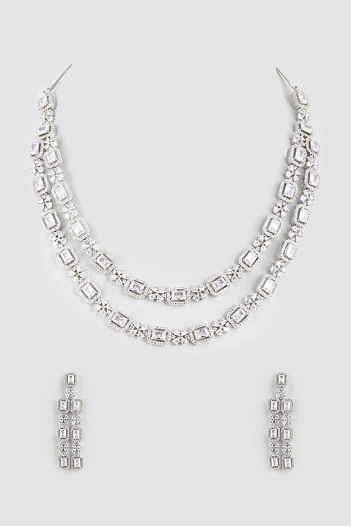 White Finish Faux Diamond & Zircon Layered Necklace Set by Aster