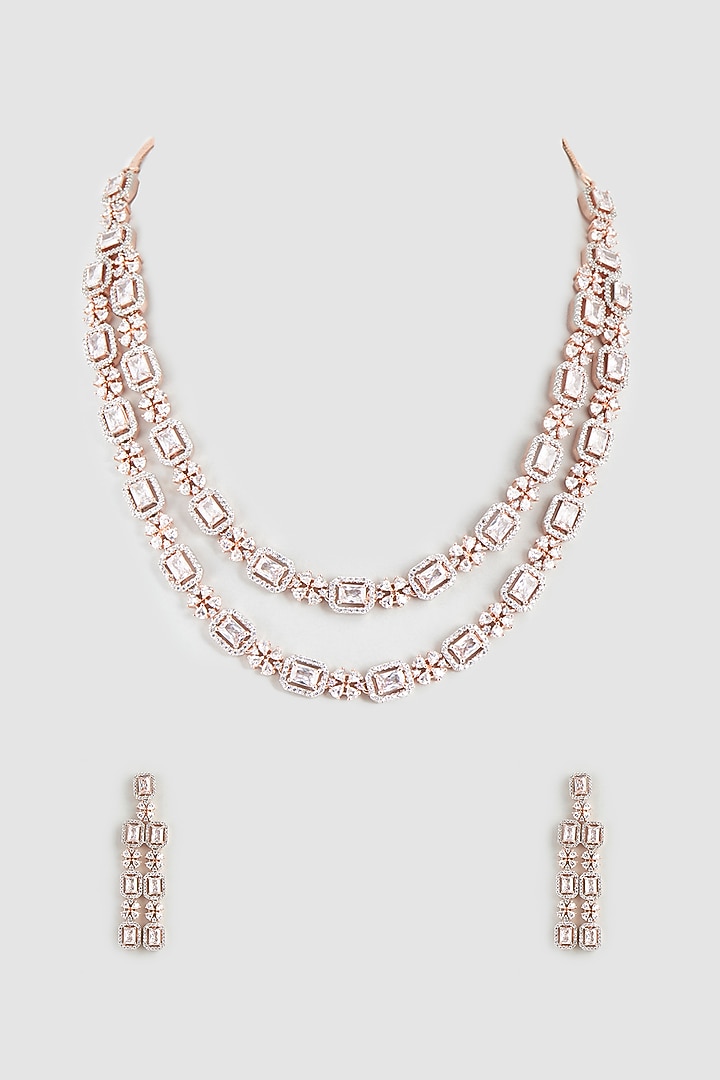 Rose Gold Finish Faux Diamond & Zircon Layered Necklace Set by Aster at Pernia's Pop Up Shop