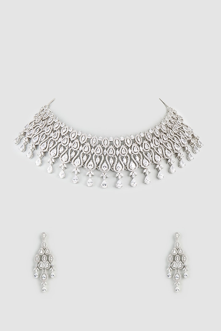 White Finish Zircon & Faux Diamond Necklace Set by Aster at Pernia's Pop Up Shop