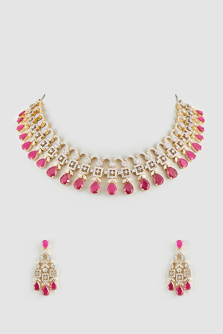 Gold Finish Faux Diamonds & Ruby Synthetic Stone Necklace Set by Aster at Pernia's Pop Up Shop