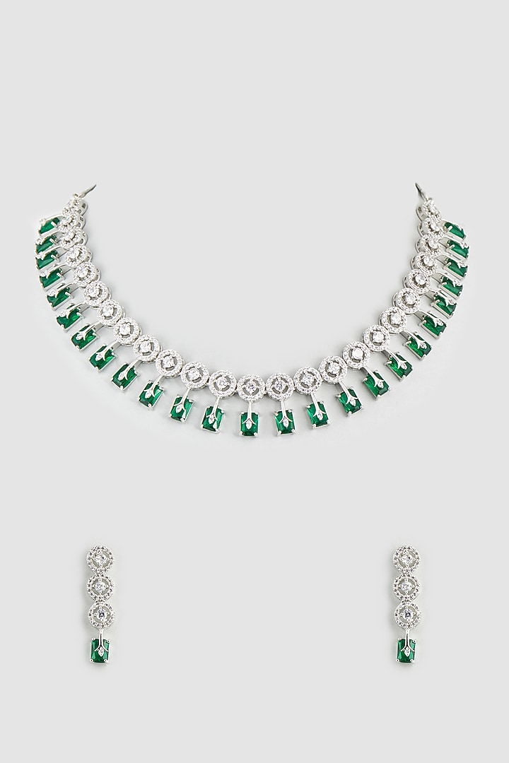 White Finish Emerald Synthetic Stone & Zircon Necklace Set by Aster at Pernia's Pop Up Shop