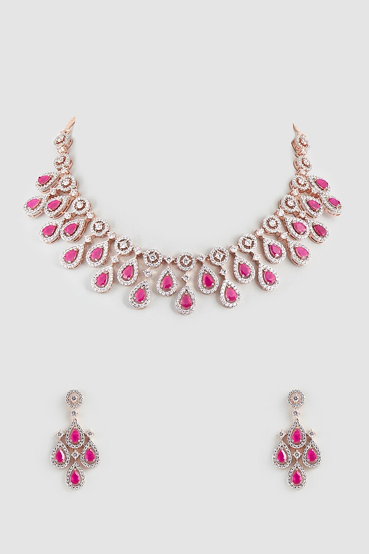 Rose Gold Finish Faux Diamond & Red Synthetic Stone Necklace Set by Aster at Pernia's Pop Up Shop