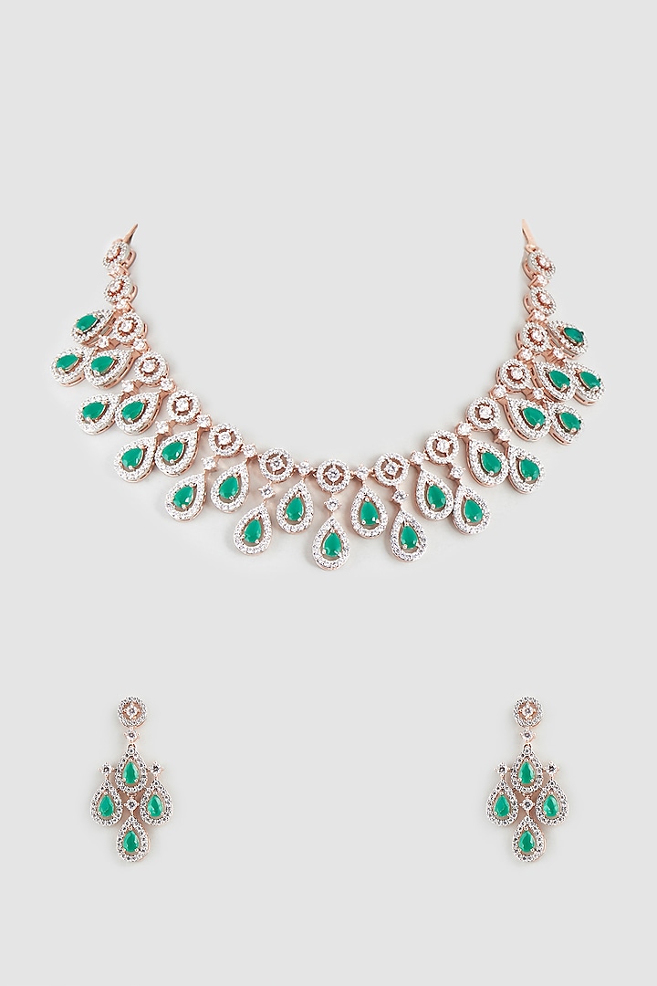 Rose Gold Finish Faux Diamonds & Emerald Synthetic Stone Necklace Set by Aster