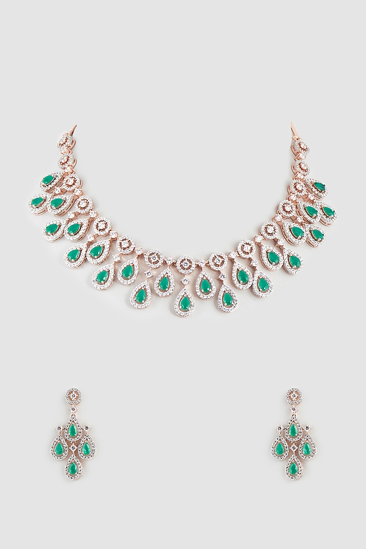 Rose Gold Finish Faux Diamonds & Emerald Synthetic Stone Necklace Set by Aster at Pernia's Pop Up Shop