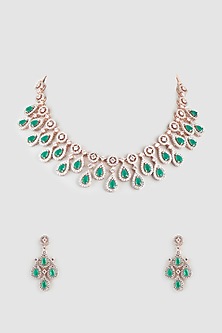 Rose Gold Finish Faux Diamonds & Emerald Synthetic Stone Necklace Set by Aster-POPULAR PRODUCTS AT STORE