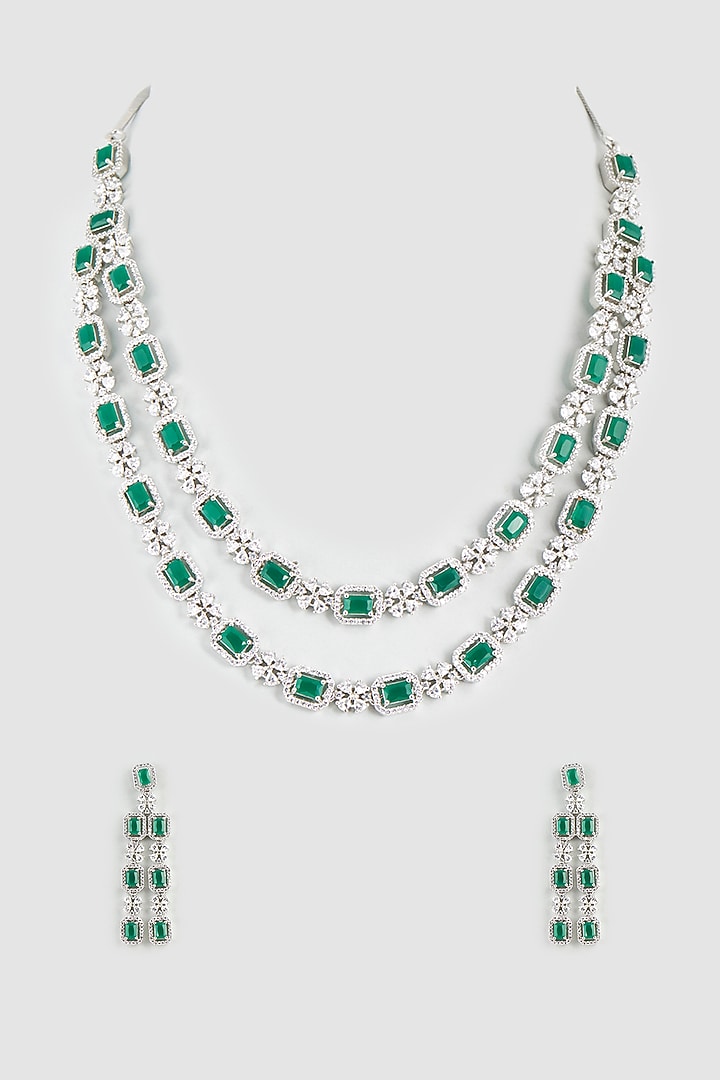White Finish Faux Diamonds & Emerald Synthetic Stone Necklace Set by Aster at Pernia's Pop Up Shop