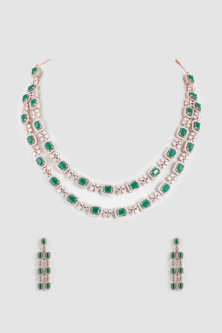 Rose Gold Finish Faux Diamonds & Emerald Synthetic Stones Necklace Set by Aster at Pernia's Pop Up Shop