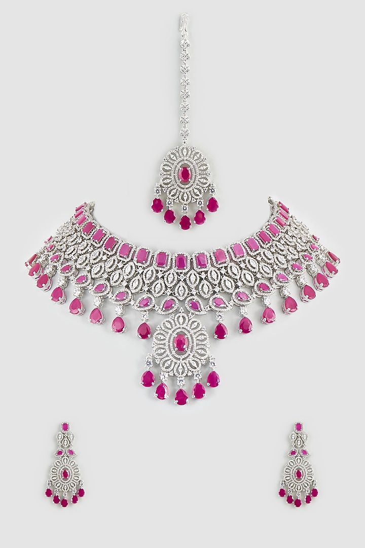 White Finish Faux Diamonds & Ruby Synthetic Stone Necklace Set by Aster