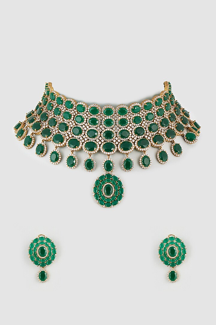 Gold Finish Faux Diamonds & Emerald Synthetic Stone Necklace Set by Aster at Pernia's Pop Up Shop