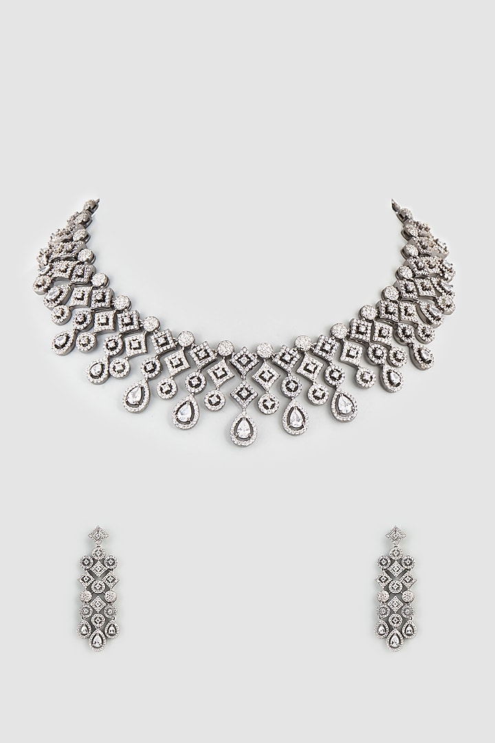 White Finish Faux Diamond & Zircons Necklace Set by Aster at Pernia's Pop Up Shop