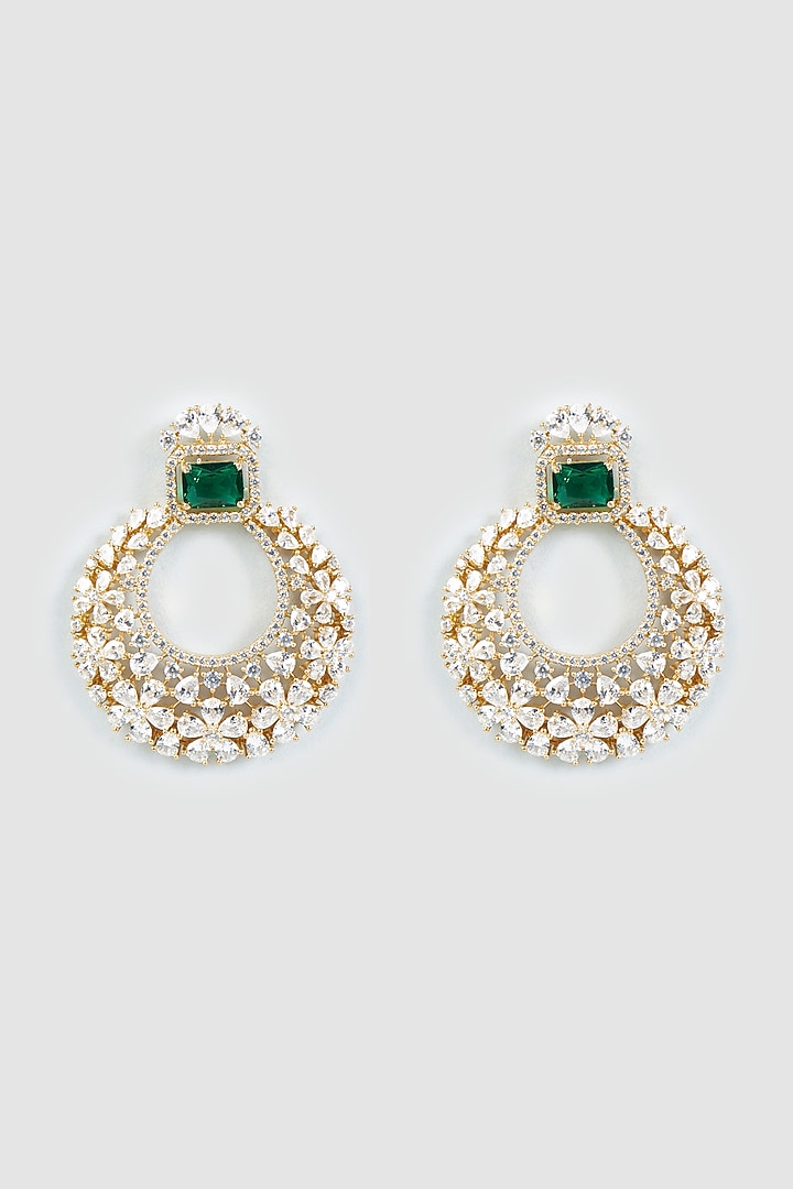 Gold Finish Faux Diamond & Emerald Synthetic Stone Earrings by Aster at Pernia's Pop Up Shop