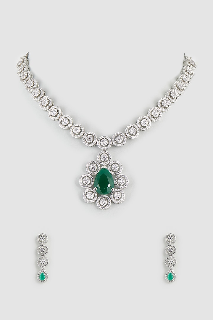 White Finish Faux Diamonds & Emerald Synthetic Stones Necklace Set by Aster at Pernia's Pop Up Shop