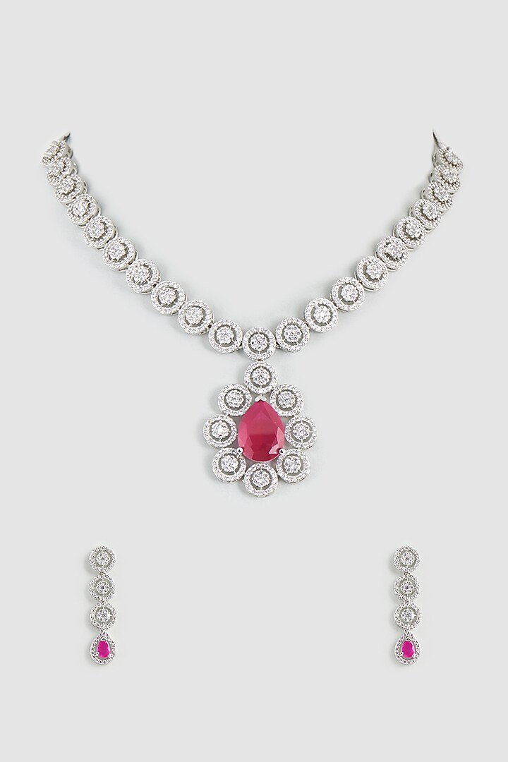White Finish Zircon & Ruby Synthetic Stones Necklace Set by Aster at Pernia's Pop Up Shop
