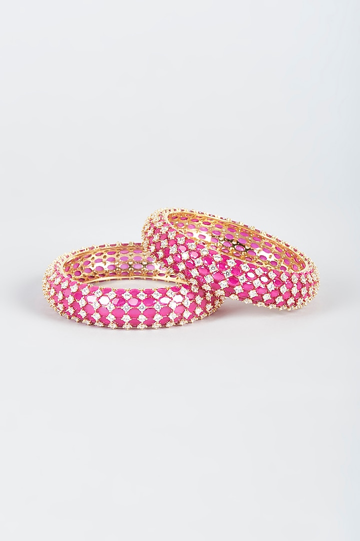 Rose Gold Finish Faux Diamond & Pink Stone Bangles (Set of 2) by Aster at Pernia's Pop Up Shop