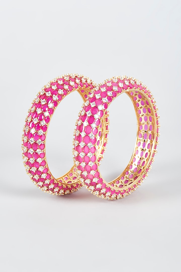 Rose Gold Finish Faux Diamond & Pink Stone Bangles (Set of 2) by Aster at Pernia's Pop Up Shop