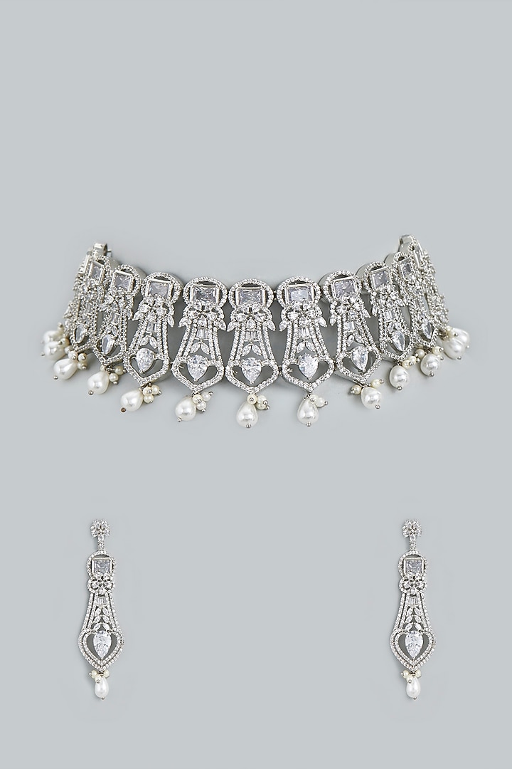 White Finish Faux Diamond Choker Necklace Set by Aster at Pernia's Pop Up Shop