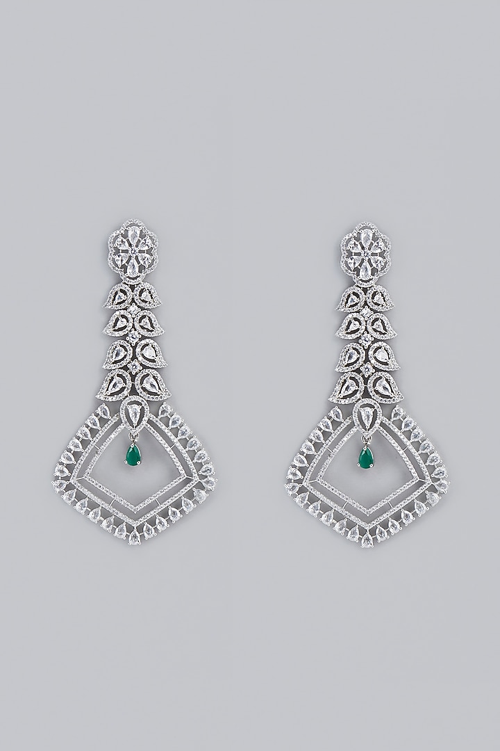 White Finish Green Stone & Zircon Dangler Earrings by Aster at Pernia's Pop Up Shop
